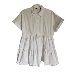 Zara Oxford Mini Tiered 100% Cotton Drawstring Waist Prep Summer Shirt Dress